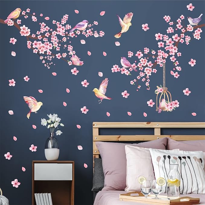 Cherry Blossom Wall Decal Peel and Stick Wall Art Decals Pink Flower Wall Decals Tree Branch Birds Wall Stickers Spring Cherry Flowers Wall Decals for Living Room Bedroom Kitchen Nursery Window Decor