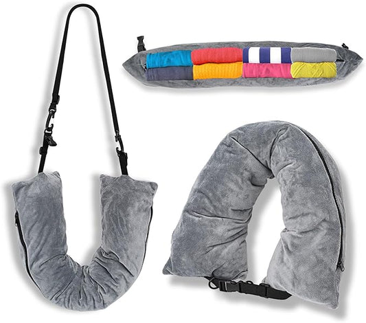Travel Neck Pillow Stuffable with Clothes,Stuffable Neck Pillow for Traveling,Fillable Travel Neck Pillow Extra Storage Bag,Soft Velvet Neck Pillow Case Cover,Packable for Airplane Travel Essentials