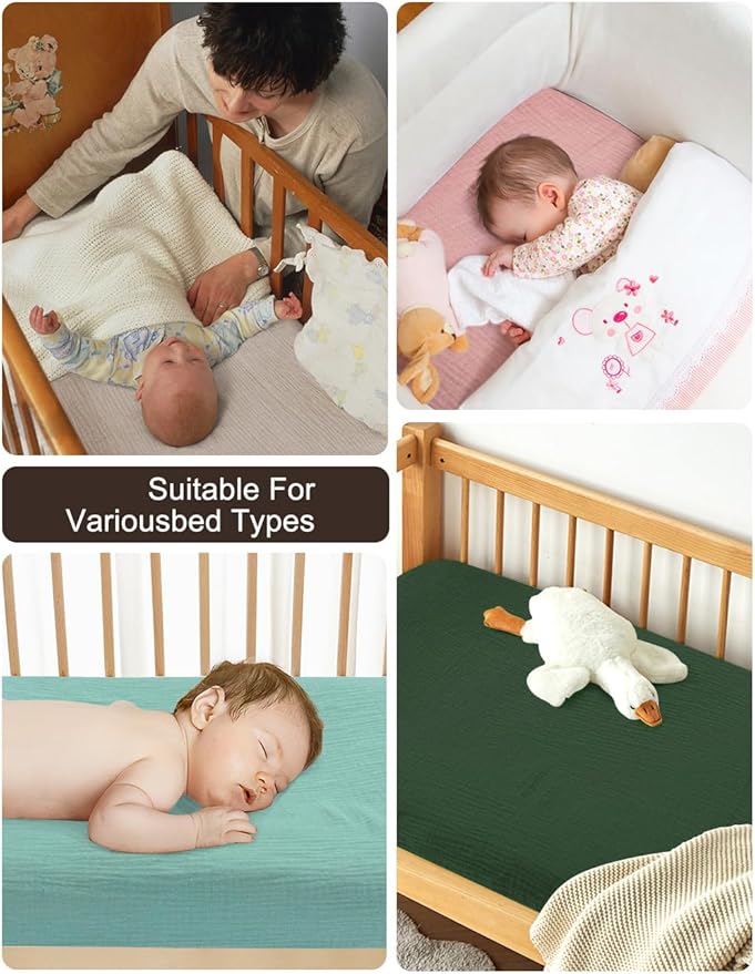 Dark Green Baby Crib Sheets, Soft Muslin Baby Crib Sheets for Standard Crib Mattress, 28" x 52" Neutral Cotton Toddler Bed Sheet (46C-13)