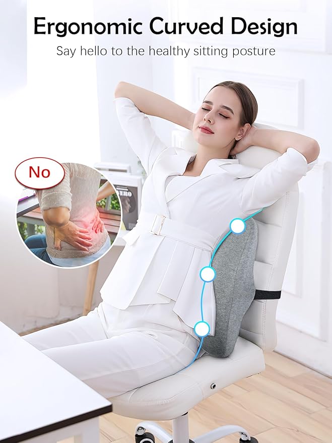 Lumbar Support Pillow for Office Chair Back Support Pillows for Car, Computer, Gaming Chair, Recliner Memory Foam Back Cushion for Pain Relief Improve Posture with Adjustable Strap