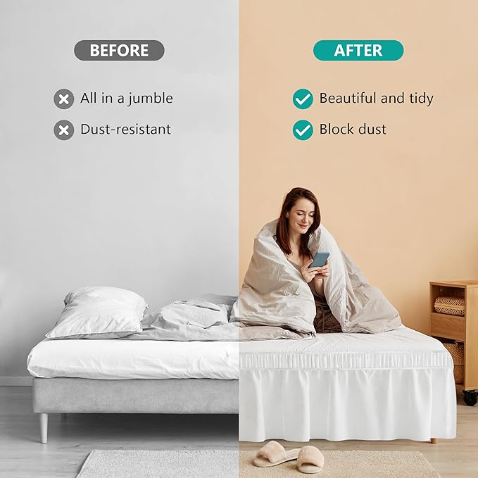 WVM Wrap Around Ruffled Dust Ruffle Bed Skirt with 15" Long Drop for Queen Bed, Feature White Adjustable Buckles, Easy to Install, Wrinkle-Resistant, Fade-Resistant, Soft, Stylish, Machine Washable