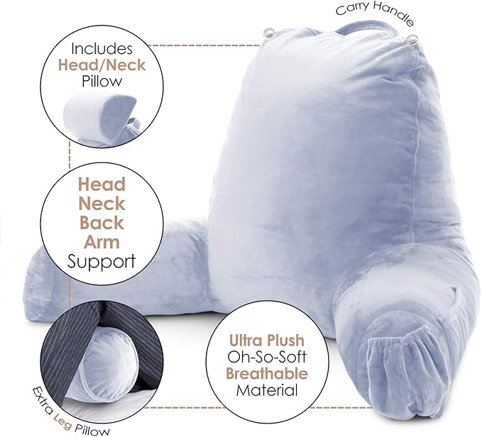 Nestl Reading Pillow Large Bed Pillow, Back Pillow for Sitting in Bed Shredded Memory Foam Chair Pillow, Reading & Bed Rest Pillows Ice Blue Back Pillow for Bed, Bed Chair Arm Pillow with Pockets