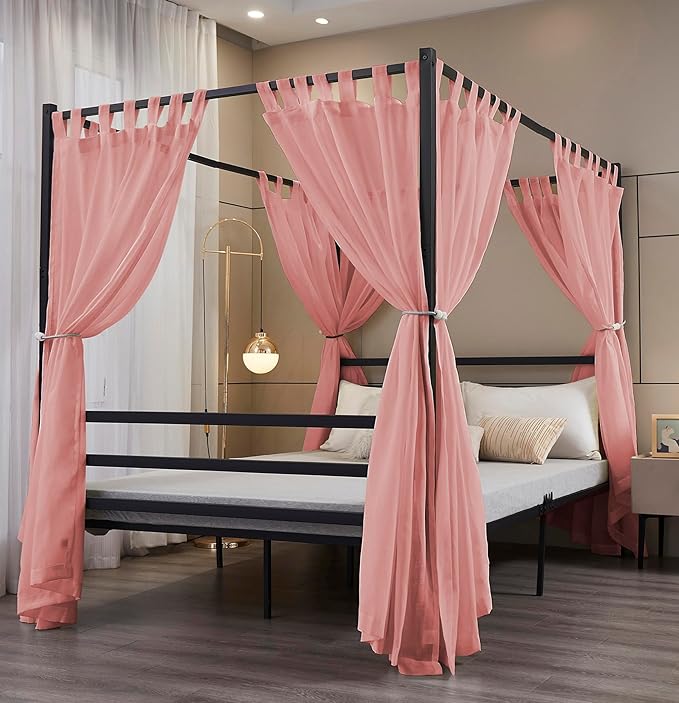 Mengersi Linen Canopy Bed Curtains for Twin,Full,Queen and King Size Bed,Bed Canopy Natural Blended Curtain Panels, 8 Panels Set (All Bed Sizes, Pink)