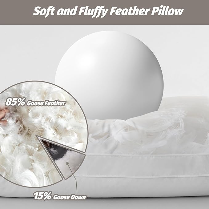Feather Pillows Queen Size Set of 2,100% Cotton Shell Goose Down Pillow,Feather Down Bed Pillow, White Hotel Pillow (King)