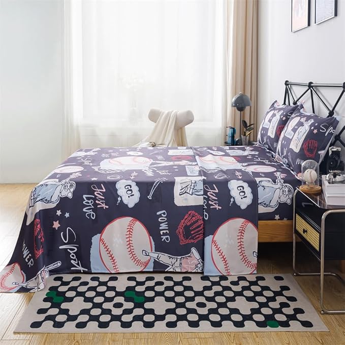 qjmiaofang Baseball Sheet Twin for Kids Sports Sheets Set 3Pieces Baseball Bed Sheet Set Sport Theme Bed Set Baseball Player Sheet Set Including 1 Flat Sheet 1 Fitted Sheet 1 Pillow Shams