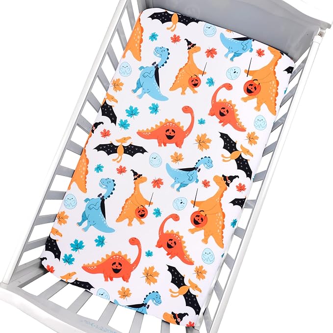 JISEN Baby Crib Sheet 1 Piece Portable Fitted Crib Sheet for Standard Crib and Toddler Mattresses Nursery Bed Decor for Boys Girls 28x52 Halloween Dinosaurs