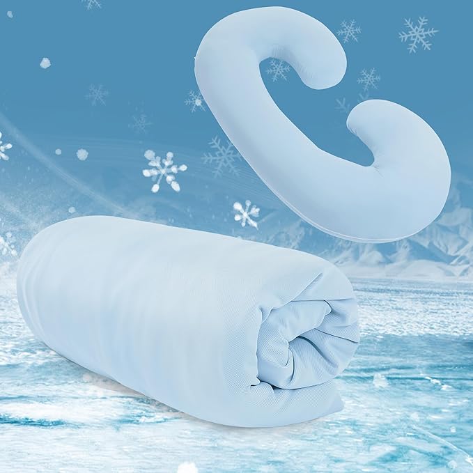 Cooling Pregnancy Pillow Cover (ONLY Pillowcase), Q-Max 0.4 C Shaped Luxurious Smooth Maternity Pillow Cover with Hidden Zip, Cool Large Pillow Protector for Side Hot Sleeper, Blue, 60x34 in