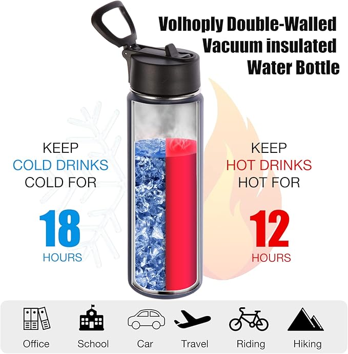 Volhoply 24oz Insulated Water Bottle With Straw Bulk 6 Pack,Metal Wide Mouth Water Bottles With Handle Lid Keep Cold,Reusable Double Wall Thermos,Powder Coated Sport Bottle For Holder(Navy,6 Count)