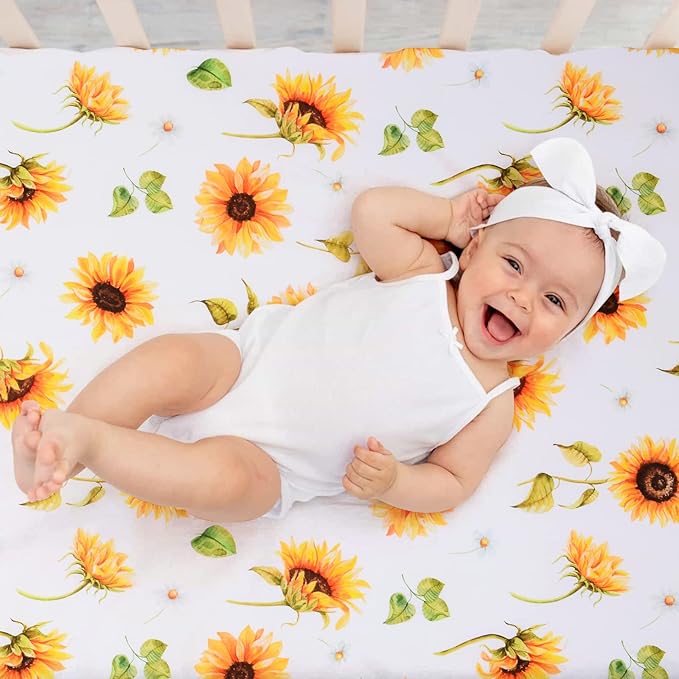 JISEN Baby Crib Sheet 1 Piece Portable Fitted Crib Sheet for Standard Crib and Toddler Mattresses Nursery Bed Decor for Boys Girls 28x52 Inch Sunflowers