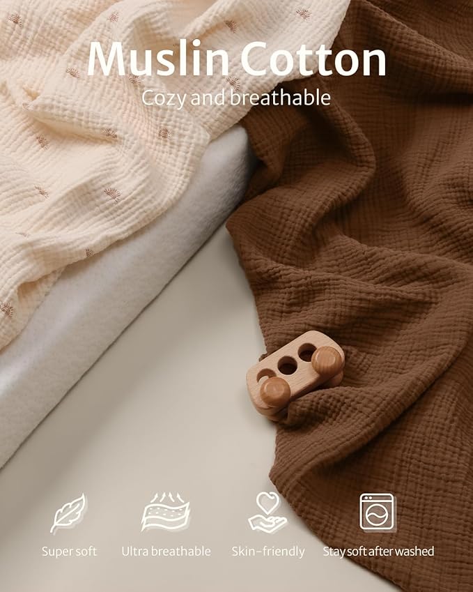 Blissful Diary Muslin Crib Sheets for Girl Boy, Boho Neutral Soft Cotton Baby Sheet for 52''x28'' Standard Crib Mattress, 2 Pack(Sunshine&Brown)