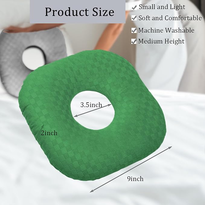 Ear Piercing Pillow for Side Sleepers, Pillow with an Ear Hole for CNH and Ear Pain Ear Inflammation Pressure Sores, O-Shaped Side Sleeping Pillow, Ear Guard Pillow (Emeraldgreen)