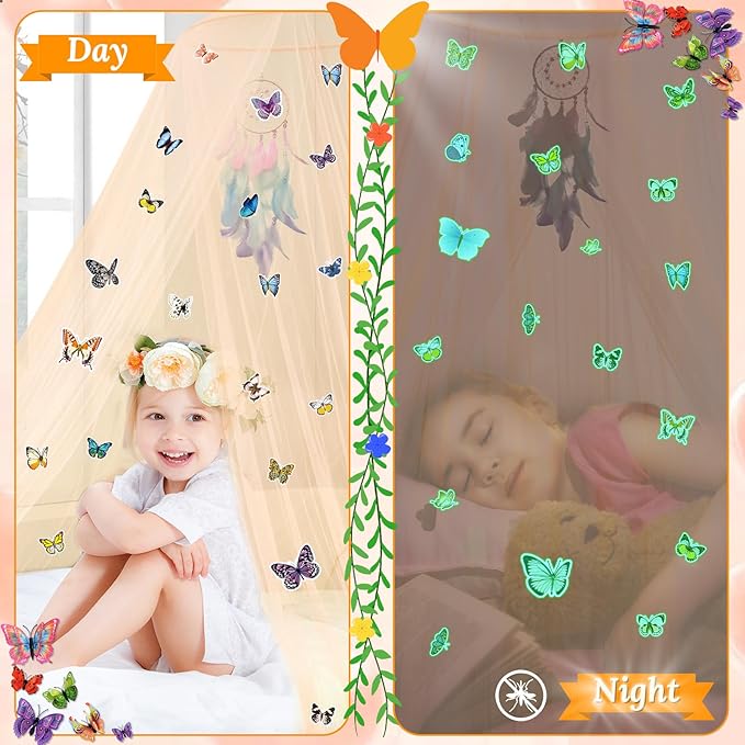 South to East Bed Canopy for Girls with Glowing Butterfly in The Dark, Beige Princess Bed Curtains for Girls Bed, Kids Bed & Toddler Bed, Twin, Full & Queen Bed, Mosquito Net Canopy for Girls Bedroom