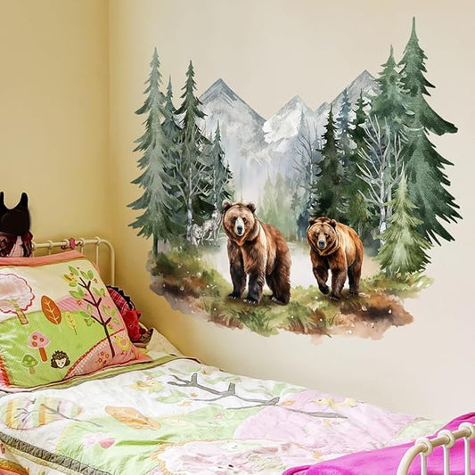 Vibrant Watercolor Bear Forest Wall Decals - Set of 2 Large Sheets (30x90cm) - Perfect for Nursery, Kids Room Decor - Easy Peel & Stick Removable Art