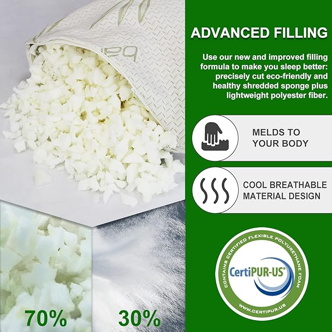 JJDANFILL Rayon Derived from Bamboo Pillow for Sleeping, Shredded Memory Foam Pillow Queen Size Set of 2, Adjustable Cooling Bed Pillow for Side Back Stomach Sleeper with A Washable Cover 20x30