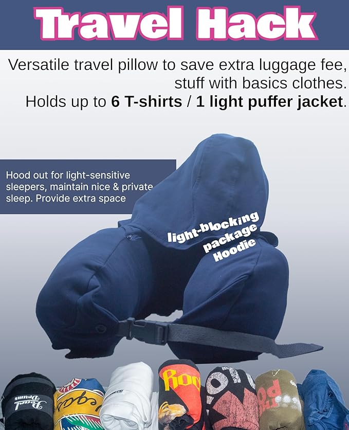 Stuffable Travel Neck Pillow, 2-Way Hoodie, Carry-on Luggage Holder, Cotton Light Blocking, for Airplane, Office, Vehicle Transportation (Navy)