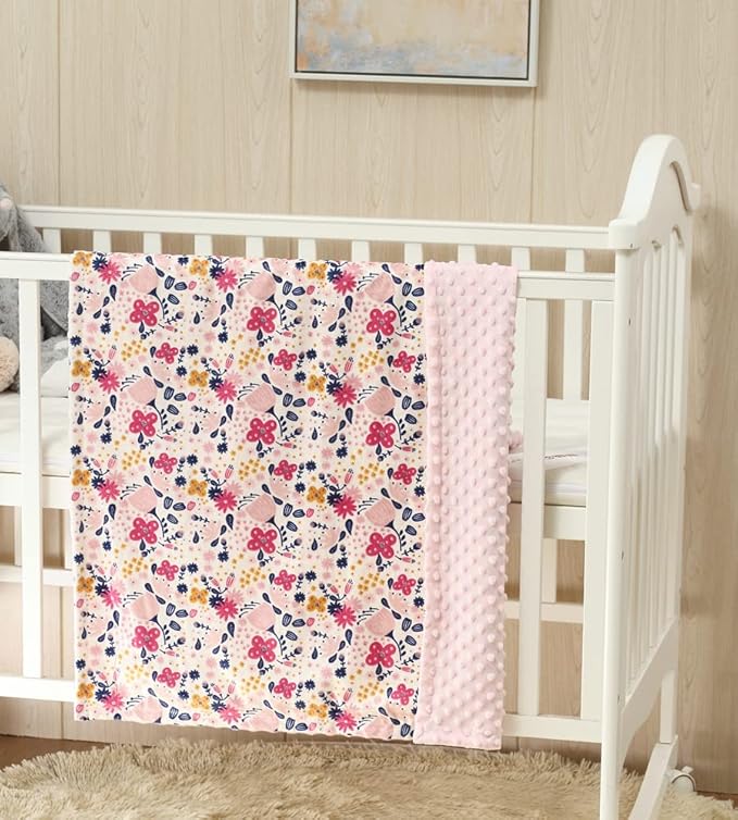 CREVENT Minky Floral Baby Blanket for Girls, Soft Plush Receiving Crib Blanket for Newborns Toddlers Bedding - Flowers 30x40 Inches