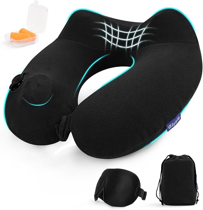 Inflatable Travel Neck Pillow for Airplane, 360° Head Support Velvet Adult Neck Pillow for Long Flight, Removable Washable Cover, Kit with Eye Masks, Earplugs & Storage Bag, Black