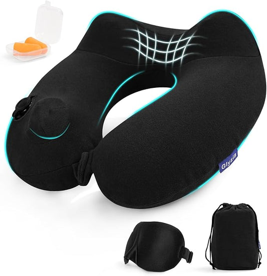 Inflatable Travel Neck Pillow for Airplane, 360° Head Support Velvet Adult Neck Pillow for Long Flight, Removable Washable Cover, Kit with Eye Masks, Earplugs & Storage Bag, Black