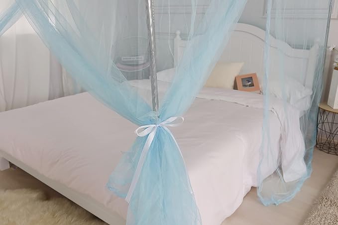 Bed Canopy, Princess Bed Curtain Net for Girls & Adults, Three-Doors Rectangular Lace Dome Netting (Blue, King)