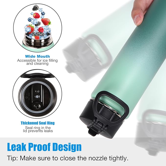 Volhoply 24oz Insulated Water Bottle With Straw Bulk 3 Pack,Metal Wide Mouth Water Bottles With Handle Lid Keep Cold,Reusable Double Wall Thermos,Powder Coated Sport Bottle For Holder(Mojito,3 Count)