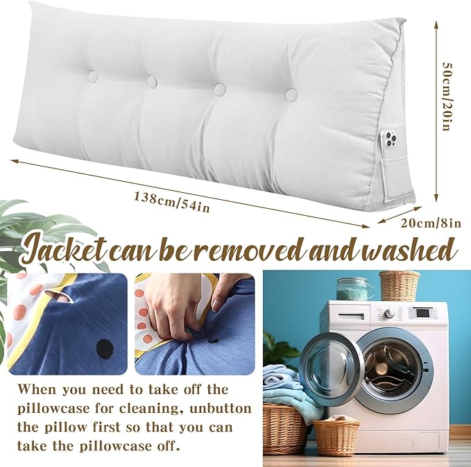 Wenqik Wedge Pillow Triangular Dorm Headboard Bed Rest Reading Backrest Back Support Long Bolster Pillow with Removable Cover for Dorm Room Supplies(White,Full (54 x 20 x 8 Inch))