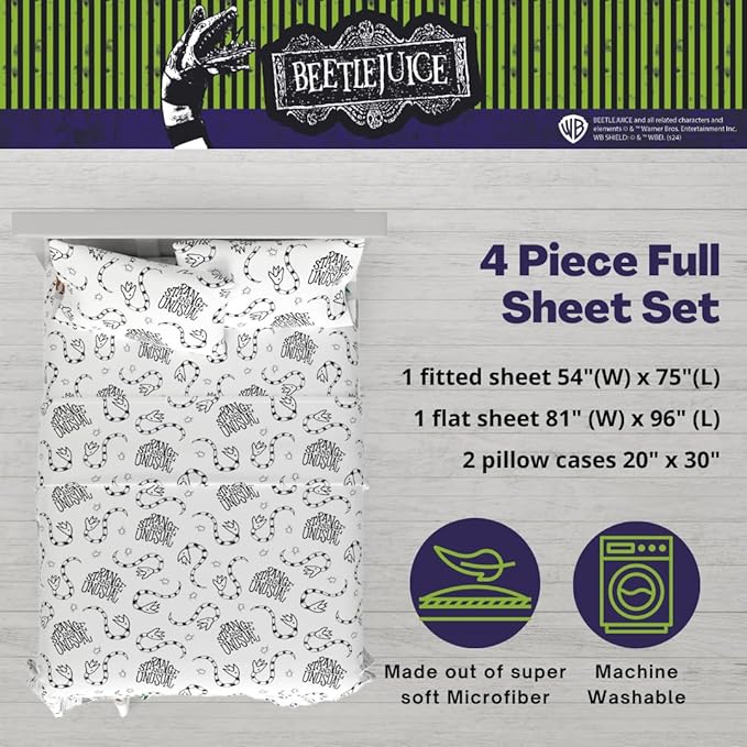 Franco Collectibles Beetlejuice Bedding Super Soft Microfiber Full Sheet Set, College Dorm Essentials, (Officially Licensed Product)