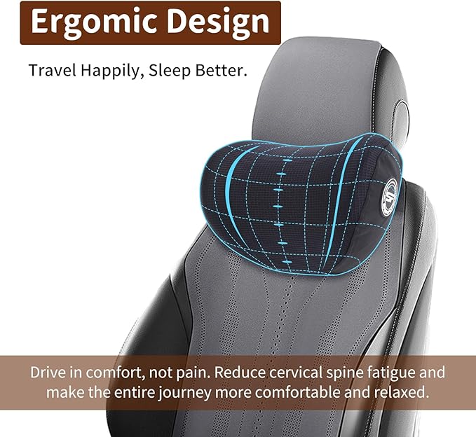 SPRFUFLY 2 Pack Car Headrest Pillow, Extra Soft Car Pillow, 100% Memory Foam Car Neck Pillow for Driving - Universal Fit Travel Car Rest Pillow for Pain Relief While Driving(Comes with 2 Eye Masks)