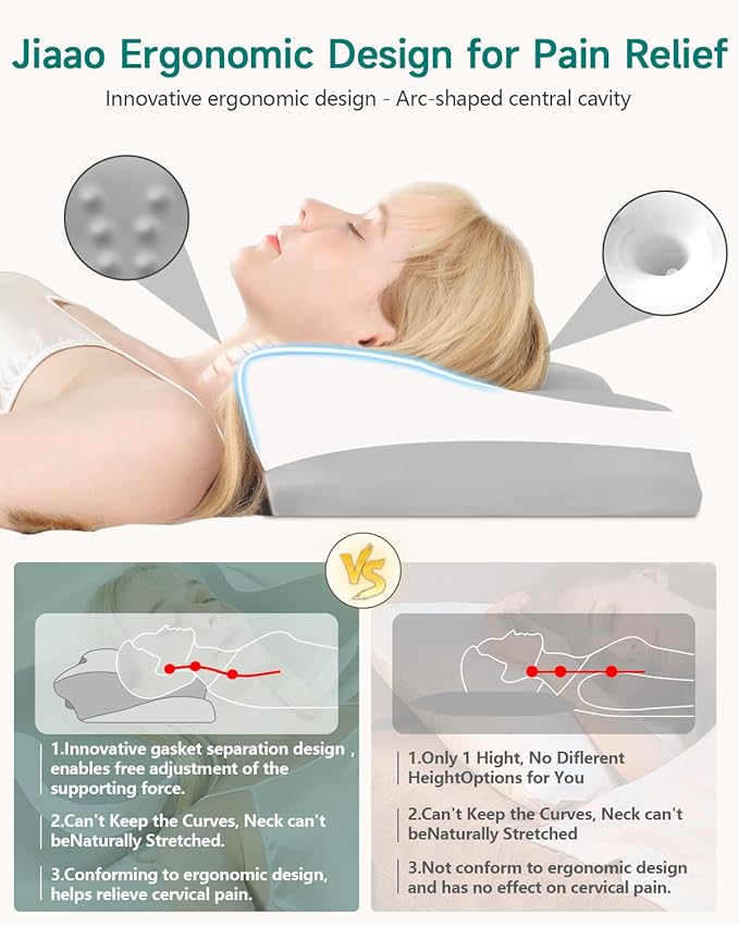 Cervical Pillow for Neck & Shoulder Pain Relief - Adjustable Ergonomic Pillow with Cooling Pillowcase,Memory Foam Pillow Fit for Side, Back & Stomach Sleepers(Gray-White)