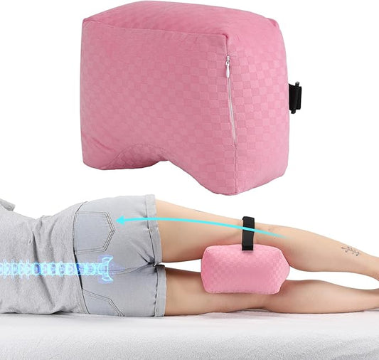 Knee Pillow for Side Sleepers - Leg Support Pillow for Sciatica Relief, Hip and Back Pain Alleviation, Spine Alignment with Adjustable Strap (Pink-Checker)