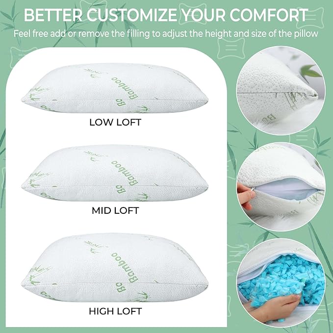 Suzile 6 Pack Shredded Memory Foam Pillows Standard Size Bulk 20 x 26 Inch Adjustable Hotel Bed Pillows Set for Neck and Shoulder Pain with Washable Cover for Side Back Stomach Sleepers