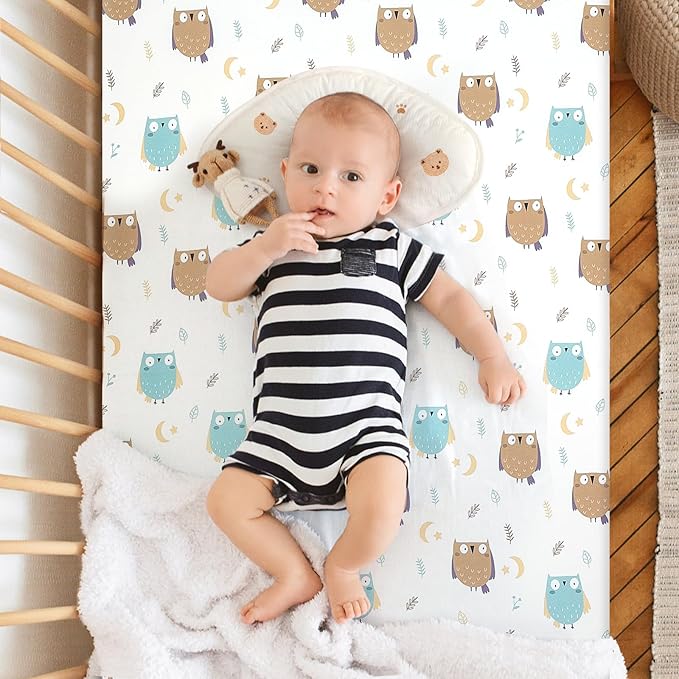 Pack n Play Sheet Fitted Sheet. 2 Piece Mini Crib Sheet Elastic Playard Sheet Set Portable Sheet Set Elastic Convertible Playard Pad. Compatible with Graco Pack n Play. (Owl and Tree Bag)