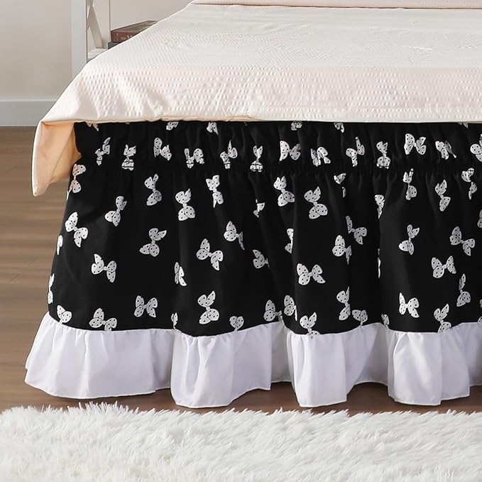 RIMELA Black Elastic Bed Skirt Queen Szie 16 inch Drop, Bedskirt Easy to Put On, Solid Wrap Around Dust Ruffle, Fade Resistant Silky Fabric Machine Washable