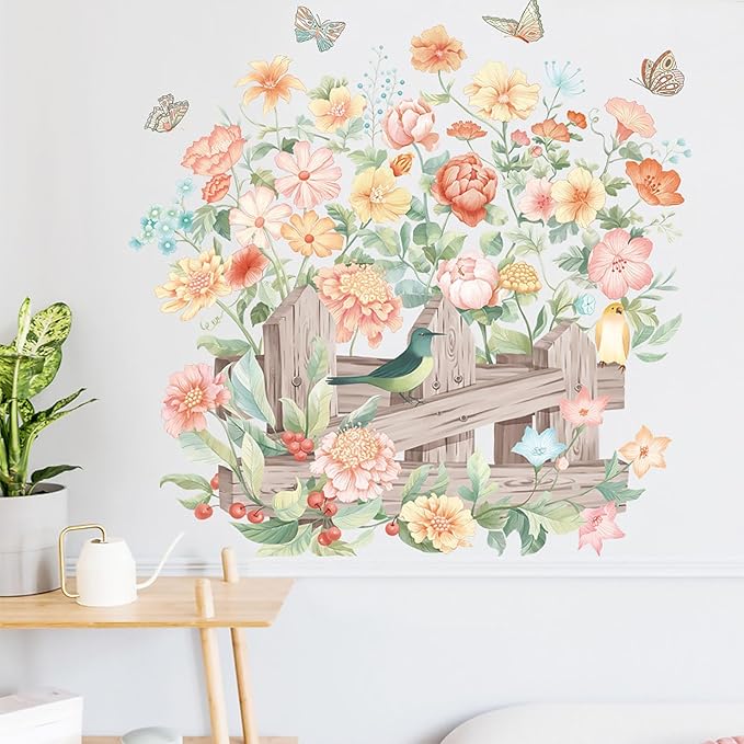 Watercolor Flowers Wall Decals Removable Spring Floral Butterfly Bird Wall Stickers Girls Bedroom Living Room Nursery Wall Decor
