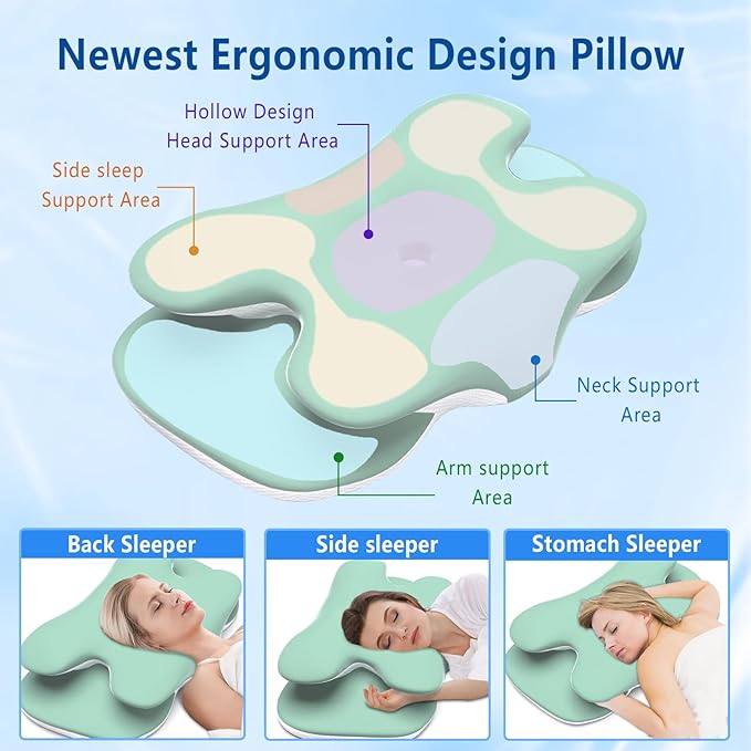 Cervical Pillow for Neck Back Pain Relief Memory Foam Contour Pillow Ergonomic Orthopedic Neck Pillow for Sleeping Cervical Support Pillow for Back Side Stomach Sleeper Cooling Pillowcase (Green)