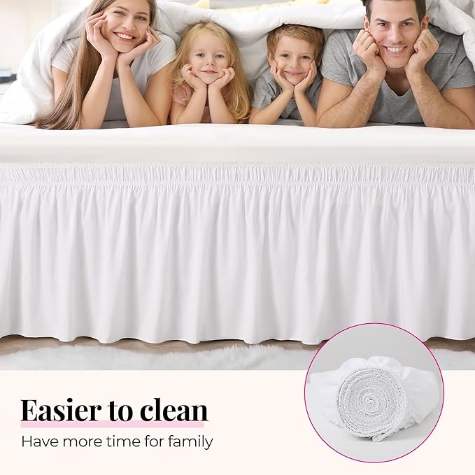 RIMELA Bed Skirting Queen Size White Bed Skirt 21 Inch Drop, Wrap Around Elastic Adjustable Bedskirt, Dust Ruffle for Bed Frame & Box Spring Soft Durable Fabric Machine Washable Easy to Install