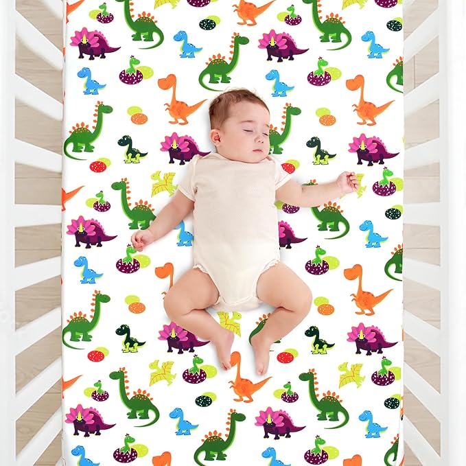 JISEN Baby Crib Sheets Soft Breathable Dinosaurs Fitted Crib Sheets Baby Sheet for Standard Crib and Toddler Mattress Baby Bed Sheets for Crib for Baby Boys Girls Neutral 52x28 Inch