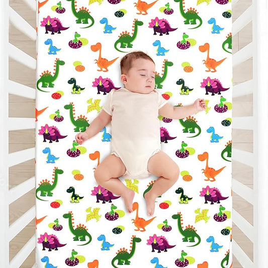 JISEN Baby Crib Sheets Soft Breathable Dinosaurs Fitted Crib Sheets Baby Sheet for Standard Crib and Toddler Mattress Baby Bed Sheets for Crib for Baby Boys Girls Neutral 52x28 Inch
