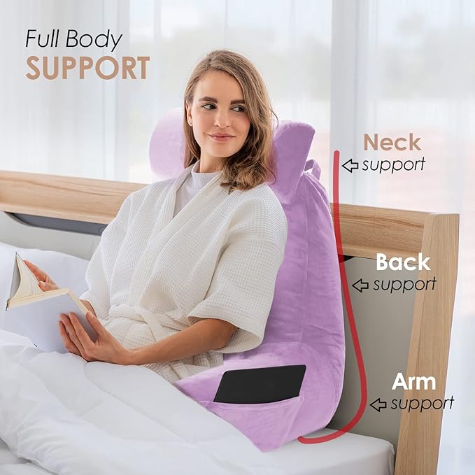 Nestl Reading Pillow Large Bed Pillow, Back Pillow for Sitting in Bed Shredded Memory Foam Chair Pillow, Reading & Bed Rest Pillows Lavender Back Pillow for Bed, Bed Chair Arm Pillow with Pockets