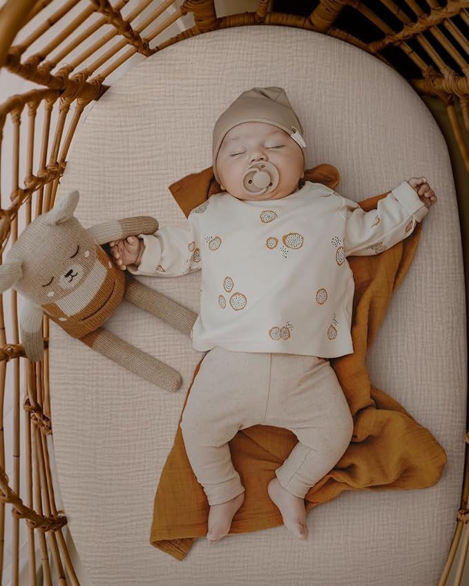 Blissful Diary Muslin Bassinet Sheets for Baby Girls Boys, Boho Soft Cotton Fitted for Oval Hourglass Rectangle Mattress, 2 Pack(Retro Yellow&Beige)