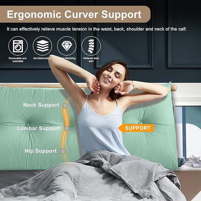 Large Triangular Headboard Pillows Long Backrest Positioning Support Bolster Cushion for Daybed Fluffy Quality Plush Body Wedge Pillow with Removable Cover(Light Green-Cal King-71x8x20 in)