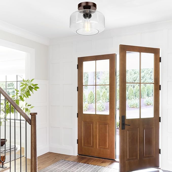 Industrial Semi Flush Mount Ceiling Light Brown, 800 Lumen LED Bulb Included, Clear Glass Shade Ceiling Light Fixture, Light Fixture for Hallway Bathroom Bedroom, Vintage Hanging Light Fixtures