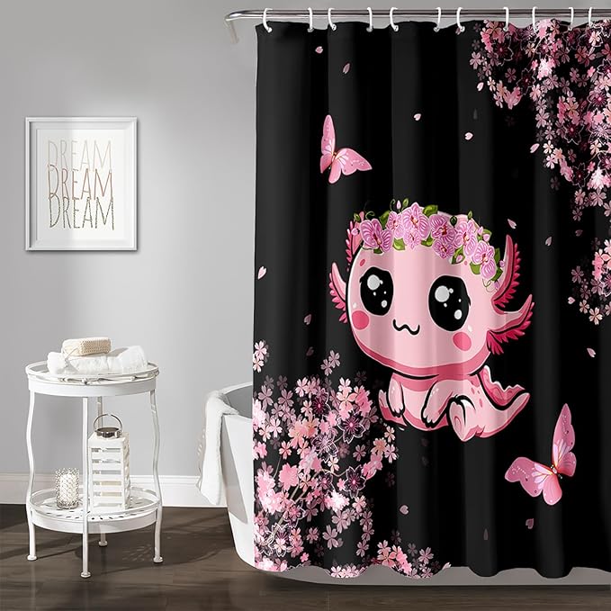 AILONEN Cute Cartoon Axolotl Kawaii Shower Curtain,Pink Cherry Blossom Floral Bath Curtain,Animal Axolotl Butterfly Waterproof Black Curtain for Bathroom, 72" W x 84" H
