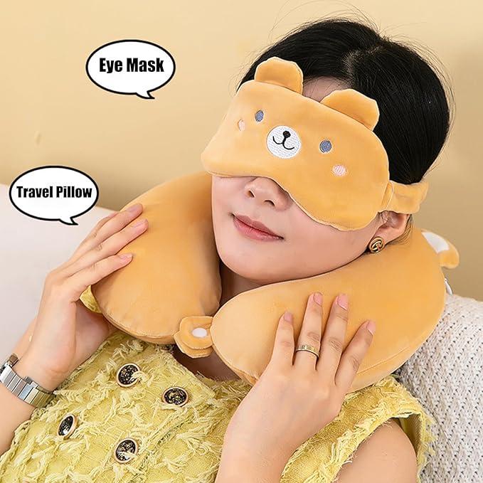 Kids Neck Pillow for Travel with Sleep Eye Mask, Cute Travel Neck Pillow, Memory Foam Flight Sleeping Headrest Pillow for Boys & Girls, Airplane, Train, Car, Home Use - Brown Bear