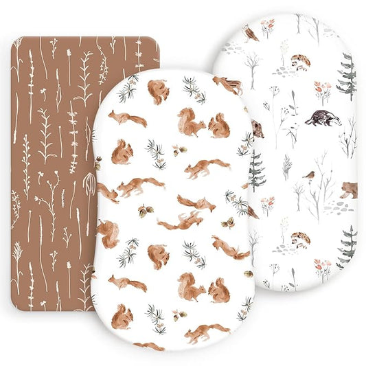 Stretchy Ultra Soft Fitted Bassinet Sheet Set 3 Pack, Universal Fit for Bassinets Baby Cradle Moses Basket Oval Rectangle Mattress Safe and Snug, Cute Jungle Squirrels and Animals