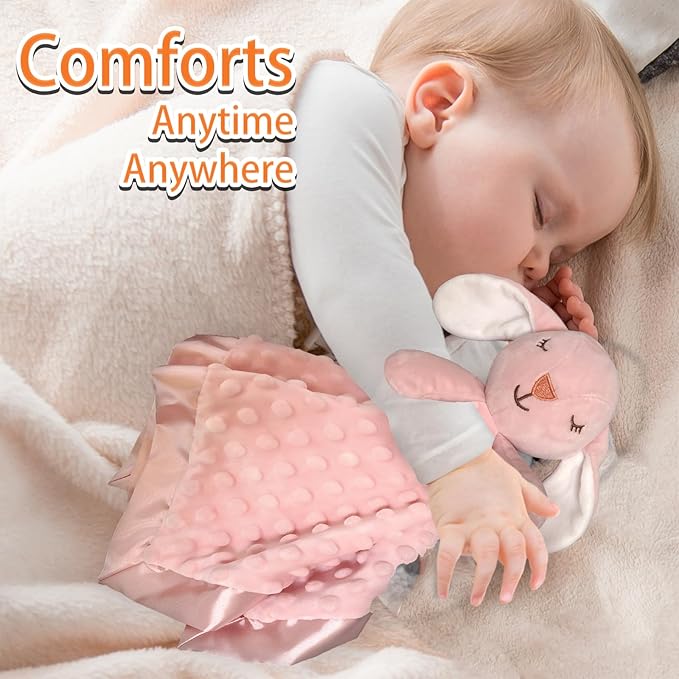 Bunny Security Blanket with Stuffed Animal Snuggle Toy 16" Lovey Soft Lovie Baby Registry Search Baby Girl Birthday Gifts for Infant and Toddler Pink