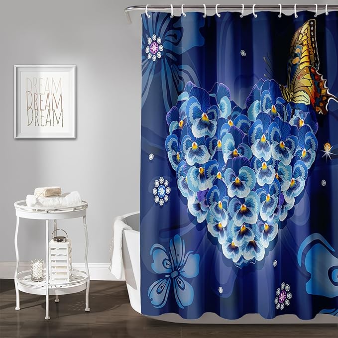 AILONEN Blue Floral Shower Curtain for Girls,Beautiful Butterfly Heart Flower Bath Curtain for Bathroom,Blue Print Polyester Waterproof with 12 Plastic Hooks,72" W*72" H Blue