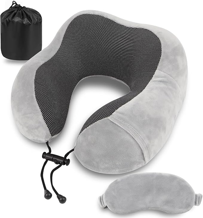 Pure Memory Foam Travel Pillow Set for Adults - Comfortable & Breathable Removable Cover, Airplane Travel Kit with Eye Mask & Portable Storage Bags for Plane Accessories - Grey