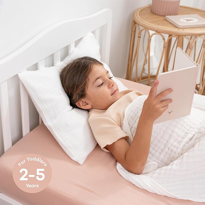 Comfy Cubs Toddler Pillow with Soft Muslin Pillowcase, 13"x18", White - Kids Pillow for Sleeping & Travel - Adorable & Comfortable Small Pillow - Kids Travel Pillow with Breathable Microfiber Fill