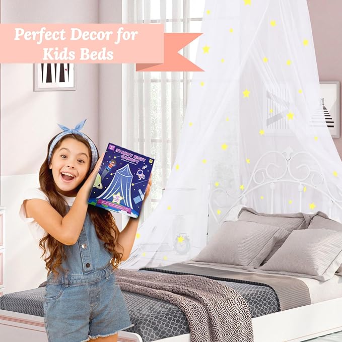 South to East Bed Canopy with Fluorescent Stars Glow in Dark for Kids, Girls Or Adults, Starry Night Bed Canopy Fit Kid Beds, Girls Beds, Twin Or Full Size Beds, Fire Retardant Fabric