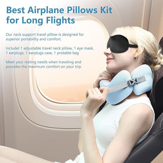 Neck Pillow Airplane, 100% Memory Foam Travel Pillow for Flight, Portable Adjustable Neck Pillow for Airplane, Car, Train, Bus, Removable and Washable Pillowcase, with Sleep mask and Earplugs
